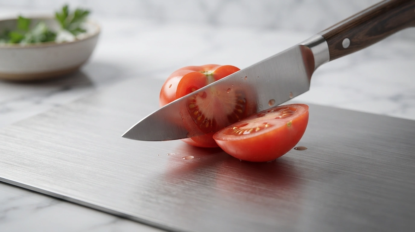 Chef's knife slicing a tomato on a titanium cutting board