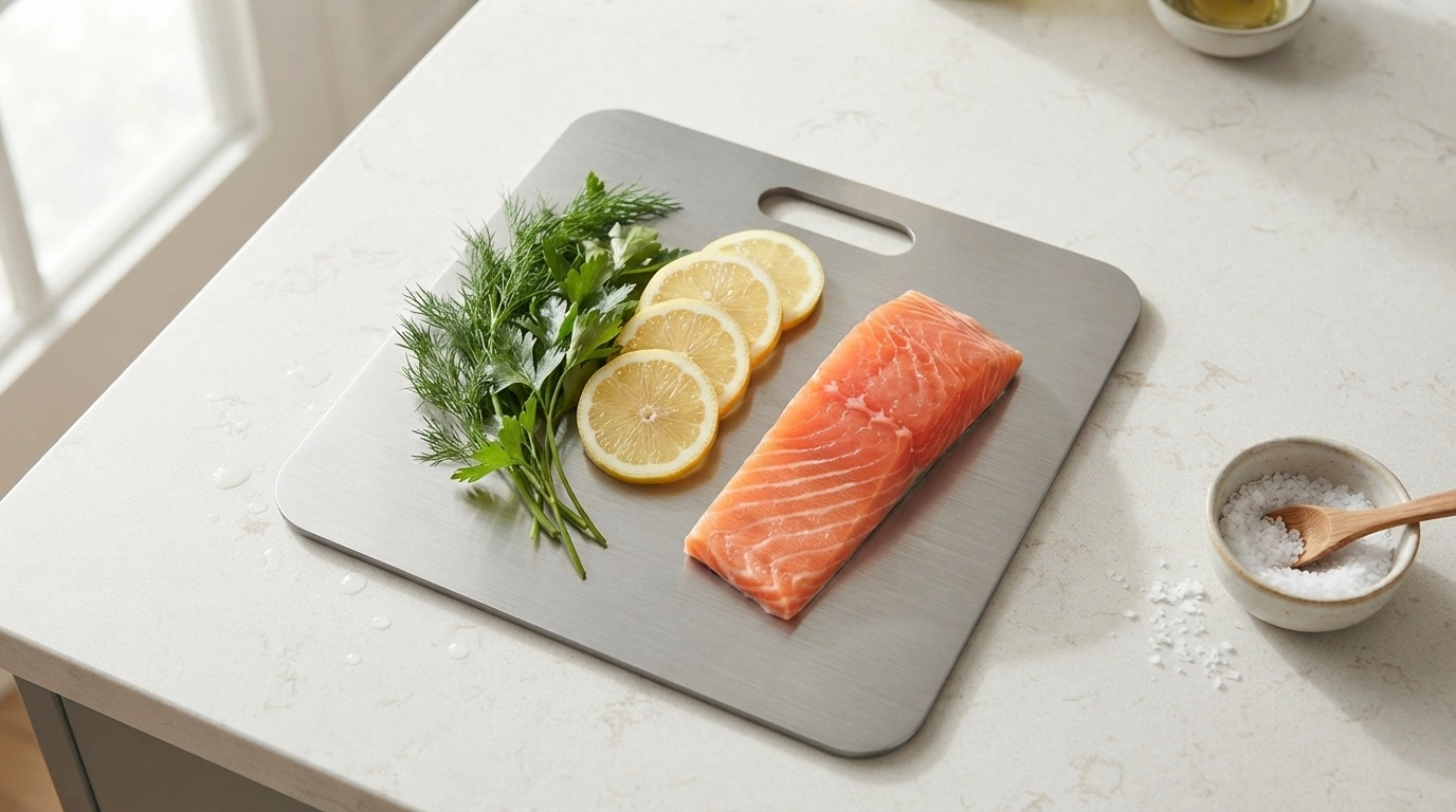 Fresh ingredients on a titanium cutting board