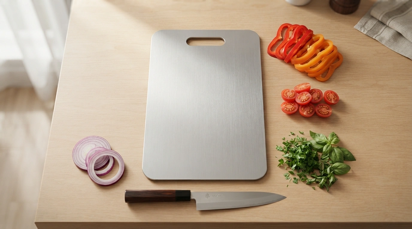 Titanium cutting board on a kitchen countertop with a knife and sliced vegetables