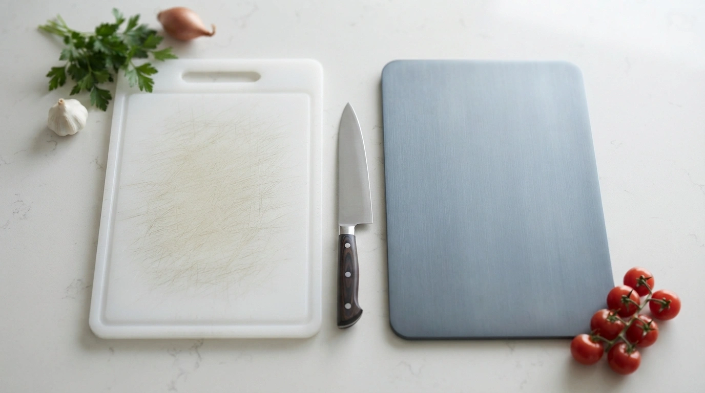 Plastic cutting board next to a titanium cutting board on a kitchen counter
