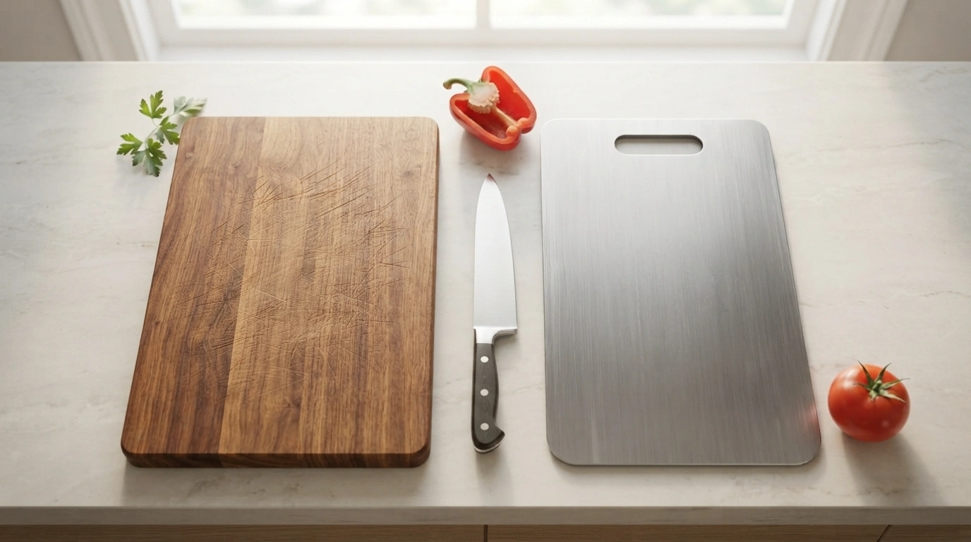Wooden cutting board next to a titanium cutting board on a kitchen counter